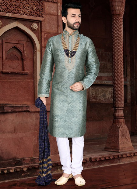 Light Turquoise Colour Outluk Vol 36 Traditional Jaqcuard Silk With Self Work Party Wear Kurta Pajama Mens Collection 36008